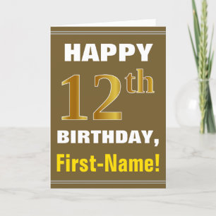 Cartão Bold, Brown, Faux Gold 12th Birthday w/ Name Card