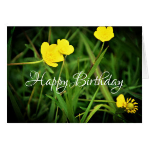 Cartão Bold Buttercups e lâminas de grama Feliz Aniversár
