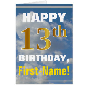 Cartão Bold, Cloudy Sky, Faux Gold 13th Birthday + Name