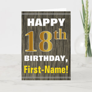 Cartão Bold, Faux Wood, Faux Gold 18th Birthday + Name