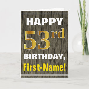 Cartão Bold, Faux Wood, Faux Gold 53rd Birthday + Name