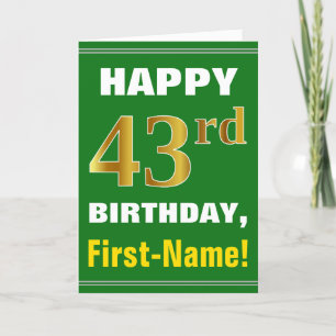Cartão Bold, Green, Faux Gold 43rd Birthday w/ Name Card