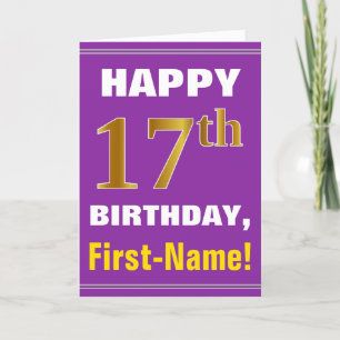 Cartão Bold, Purple, Faux Gold 17th Birthday w/ Name Card
