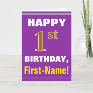 Cartão Bold, Purple, Faux Gold 1st Birthday w/ Name Card