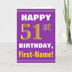 Cartão Bold, Purple, Faux Gold 51st Birthday w/ Name Card