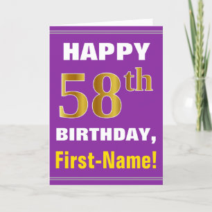 Cartão Bold, Purple, Faux Gold 58th Birthday w/ Name Card