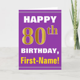 Cartão Bold, Purple, Faux Gold 80th Birthday w/ Name Card