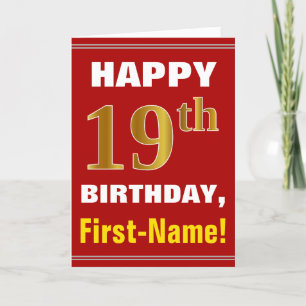 Cartão Bold, Red, Faux Gold 19th Birthday w/ Name Card