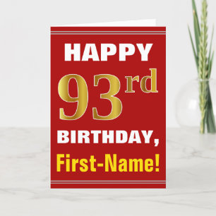 Cartão Bold, Red, Faux Gold 93rd Birthday w/ Name Card