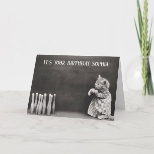 Cartão Boliche de Aniversário de Gato Feliz e Engraçado