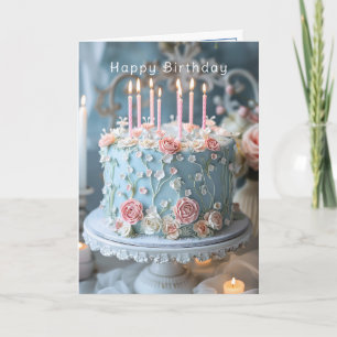 Cartão Bolo Azul Rosas Rosa e Velas Feliz Aniversário