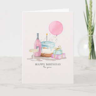 Cartão Bolo, champanhe & presentes Feliz Aniversário