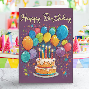 Cartão Bolo Colorido Festa Balões Aniversário