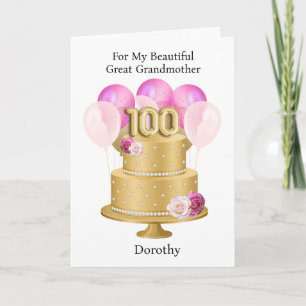 Cartão Bolo de 100º Aniversário Rosa e Dourado Personaliz