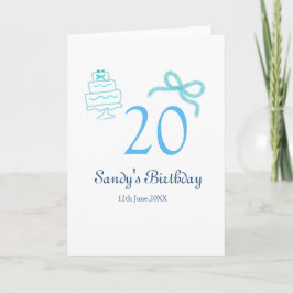 Cartão Bolo de 20º aniversário com laço azul nome data pa