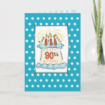 Cartão Bolo de Aniversário 90<br><div class="desc">Torne possível um aniversário encantador. Celebre com alguém no 90 de aniversário com este cartão. Aqui está um bolo de aniversário sobre um fundo pontilhado branco e azul,  iluminado com 90 velas.</div>