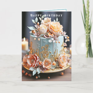 Cartão Bolo de Aniversário Azul Claro Filigrama Dourado P