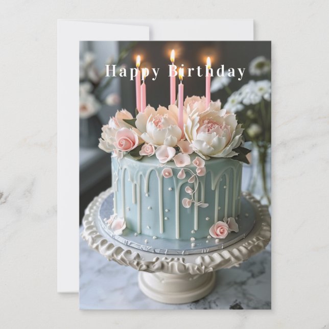 Cartão Bolo de Aniversário Azul e Branco com Flores Cor-d (Frente)