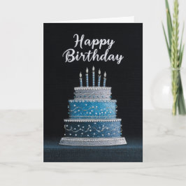 Cartão Bolo de Aniversário Azul Elegante Prateado