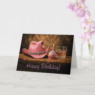 Cartão Bolo de Aniversário com Chapéu de Cowgirl Rosa Whi