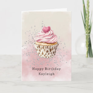Cartão Bolo de Aniversário com Coração Rosa e Leopardo