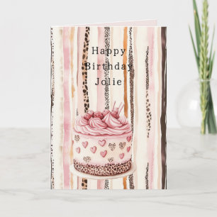 Cartão Bolo de Aniversário com Corações de Creme Rosa e L