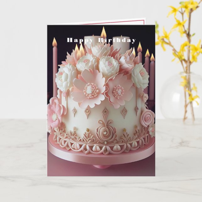 Cartão Bolo de Aniversário com Velas e Flores Rosa  (Flor Amarela)