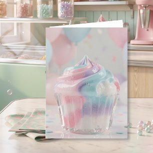 Cartão Bolo de Aniversário com Xícara de Cristal Pastel