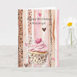 Cartão Bolo de Aniversário Confete Coração Rosa Leopardo