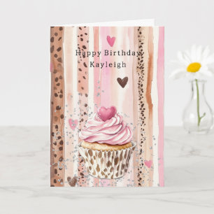 Cartão Bolo de Aniversário Confete Coração Rosa Leopardo