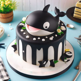 Cartão Bolo de Aniversário de Baleia Orca Preto e Branco