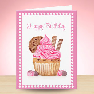 Cartão Bolo de Aniversário de Chocolate com Cupcake Rosa