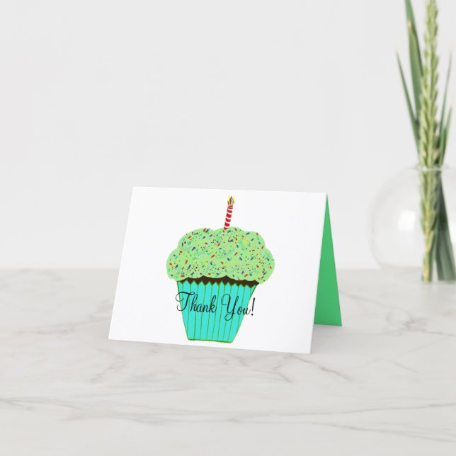 Cartão Bolo de Aniversário de Cupcake Verde Obrigado (Frente)