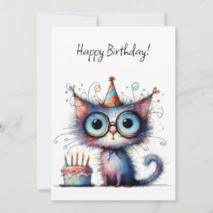 Cartão Bolo de Aniversário de Gato Caprichoso e Fantasios
