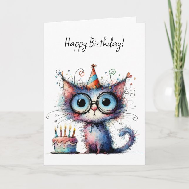 Cartão Bolo de Aniversário de Gato Caprichoso e Fantasios (Frente)