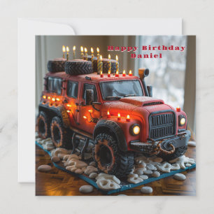 Cartão Bolo de Aniversário do Caminhão Safari Vermelho