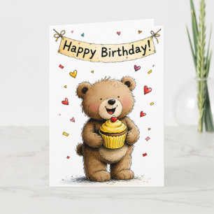Cartão Bolo de Aniversário do Urso Teddy Caprichoso Fofo