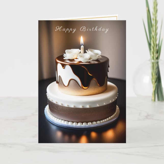 Cartão Bolo De Aniversário Dourado Marrom Pérolas Brancas (Frente)