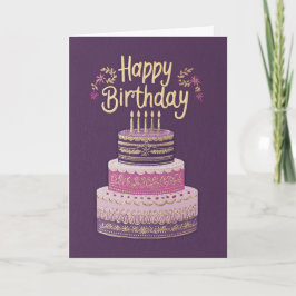 Cartão Bolo de Aniversário Elegante Roxo, Rosa e Dourado