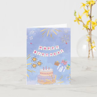Cartão Bolo de Aniversário Feliz e Presentes Coloridos Cu