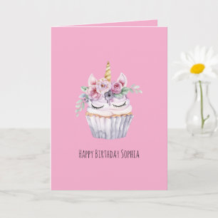 Cartão Bolo de Aniversário Floral de Unicórnio Rosa