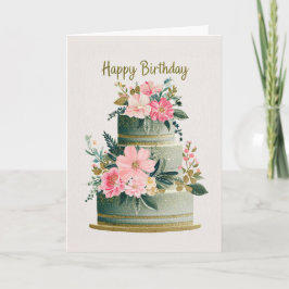 Cartão Bolo de Aniversário Floral Elegante Dourado, Rosa 