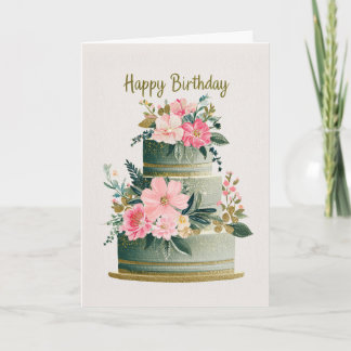 Cartão Bolo de Aniversário Floral Elegante Dourado, Rosa 