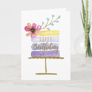 Cartão Bolo de Aniversário Floral em Aquarela Parabéns