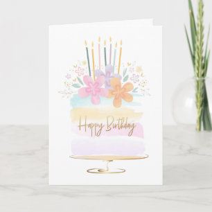Cartão Bolo de Aniversário Floral em Aquarela Parabéns