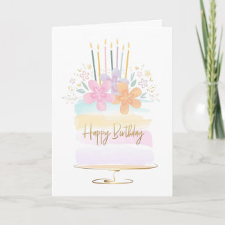 Cartão Bolo de Aniversário Floral em Aquarela Parabéns