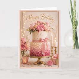 Cartão Bolo de Aniversário Floral Rosa e Dourado Elegante