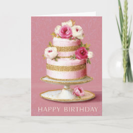 Cartão Bolo De Aniversário Floral Rosa E Dourado Elegante