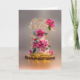 Cartão Bolo de Aniversário Floral Rosa e Dourado Elegante