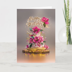 Cartão Bolo de Aniversário Floral Rosa e Dourado Elegante
